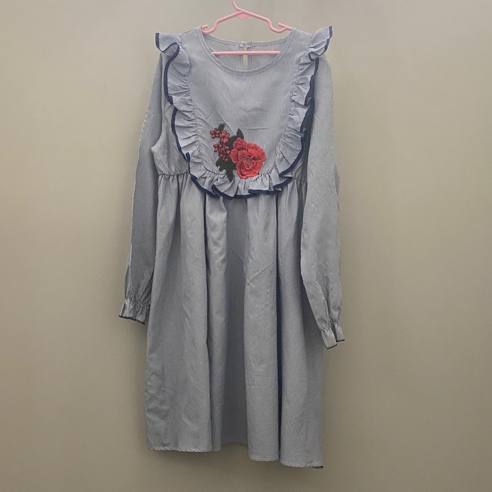 Blue Ruffled Kids Dress with Floral Embroidery